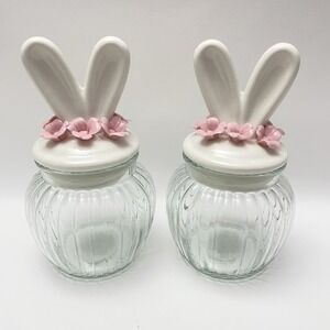 Set Of 2 Floral White Bunny Ears‎ Easter Jars Pink Flowers Glass Ceramic 7"